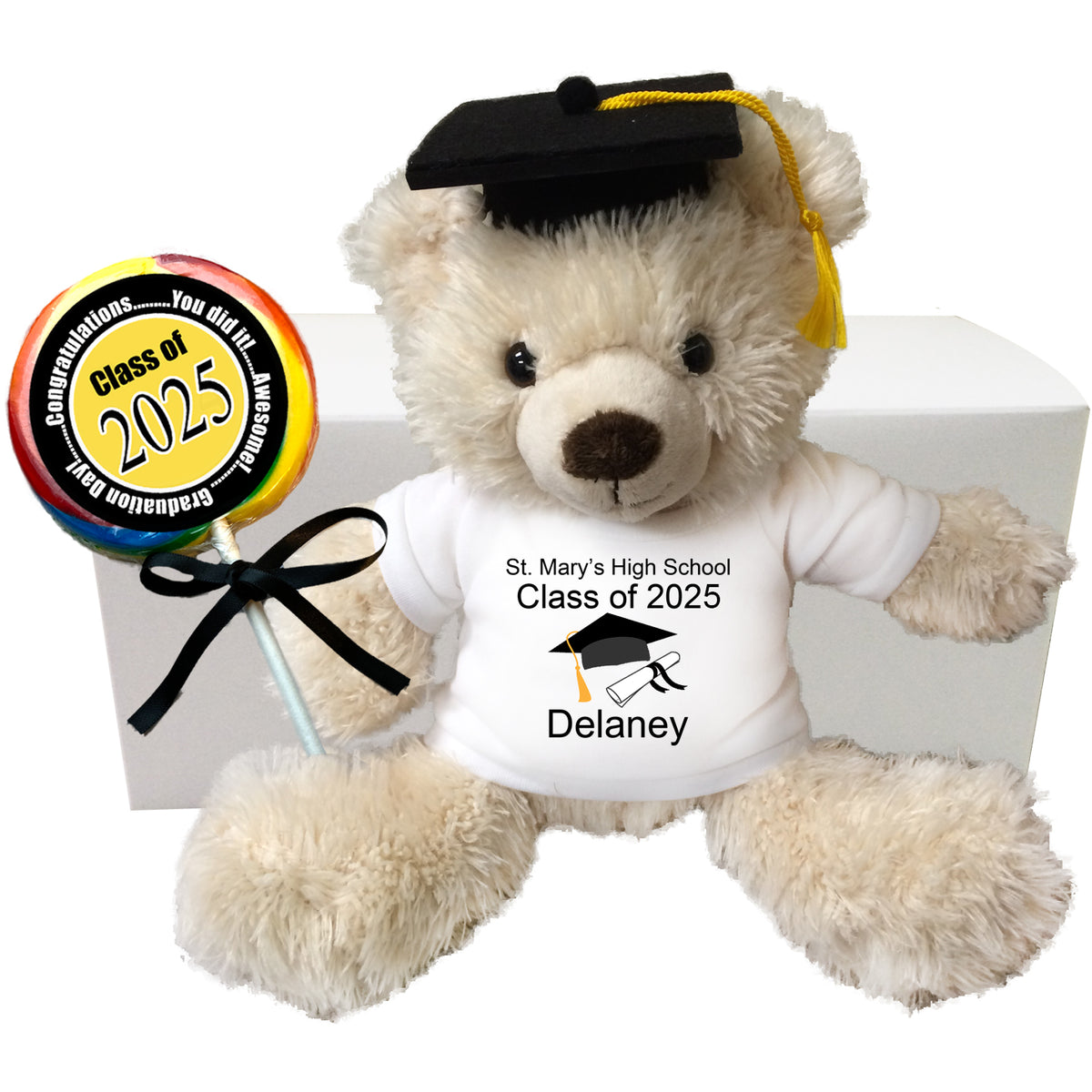 Personalized Graduation Teddy Bear Gift Set - 14" Cream Tummy Bear - Class of 2025