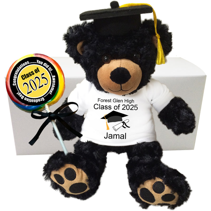 Personalized Graduation Teddy Bear Gift Set - 13" Black Vera Bear - Class of 2025