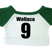 Back of personalized sports teddy bear shirt, green