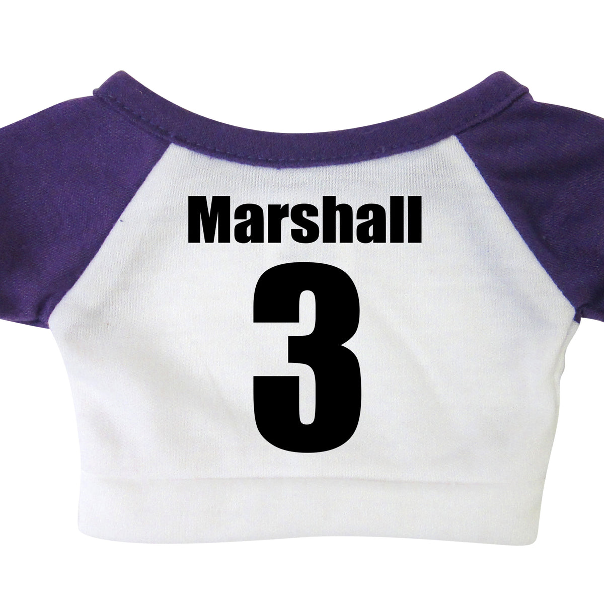 Back of shirt for personalized sports teddy bear, purple