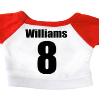 Back of personalized sports teddy bear t-shirt, red