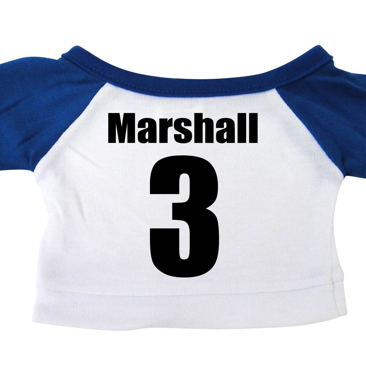 Back of personalized sports teddy bear t-shirt, blue